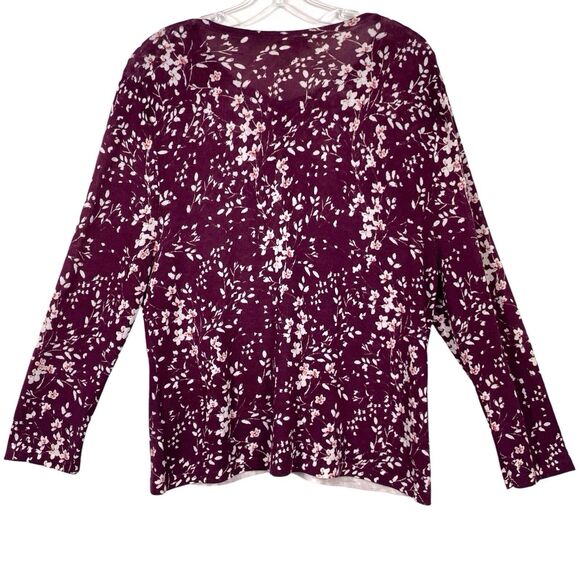 GARNET HILL Signature Eco Merino Wool Cardigan Sweater Size XL Floral Red White - Picture 2 of 16